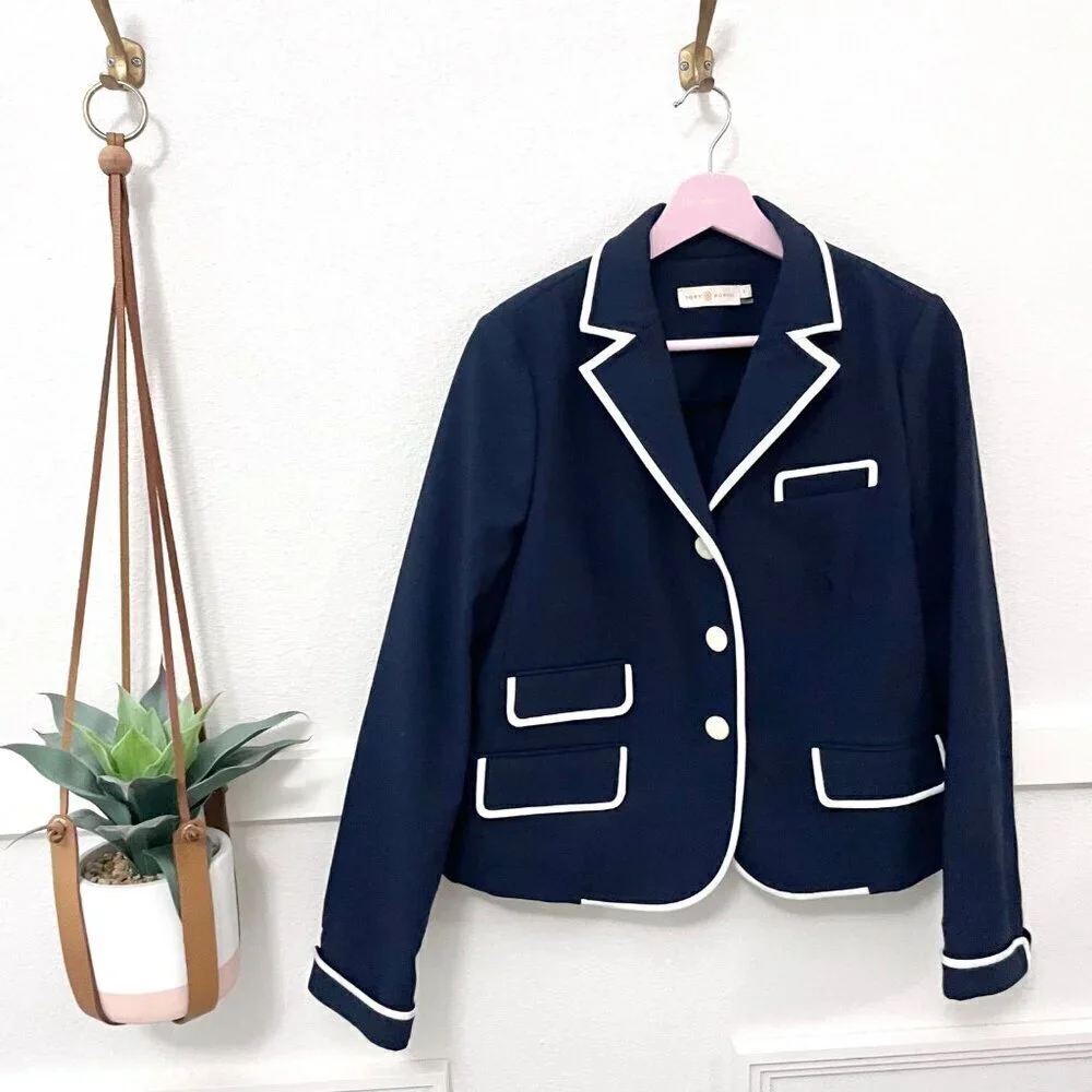 Tory Burch Contrast Trim Blazer Preppy Navy Blue Size 6 Preppy Nautical Chic